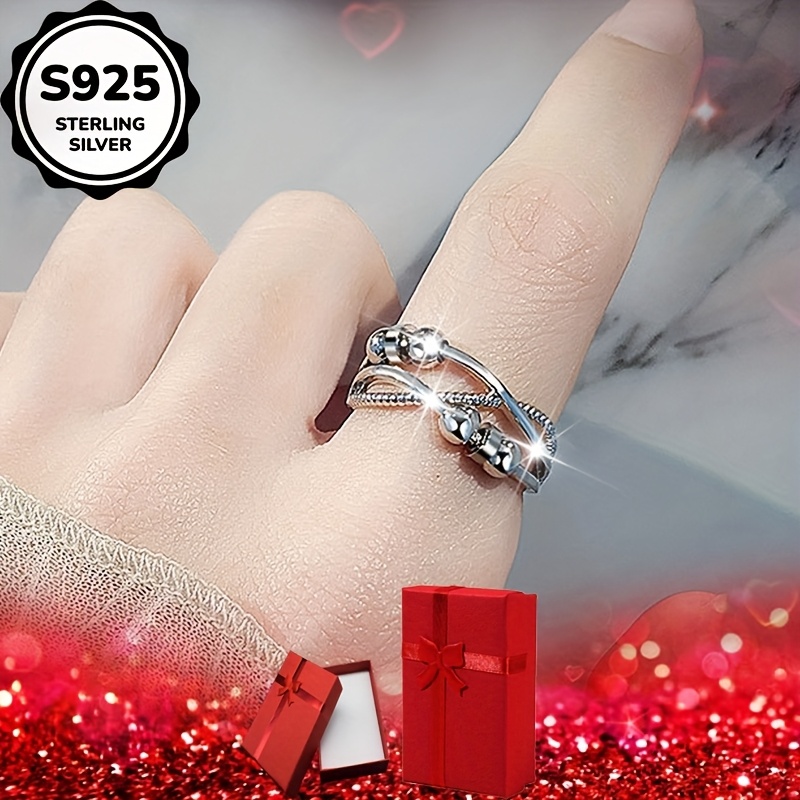 925 Sterling Silver Double Strand Beaded Ring Rotating Pearls Bohemian Style